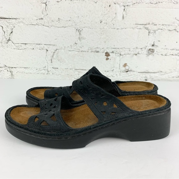 NAOT Black Suede Double Strap Filigree Lasercut Slip On Slide Sandals 40 - Picture 2 of 14